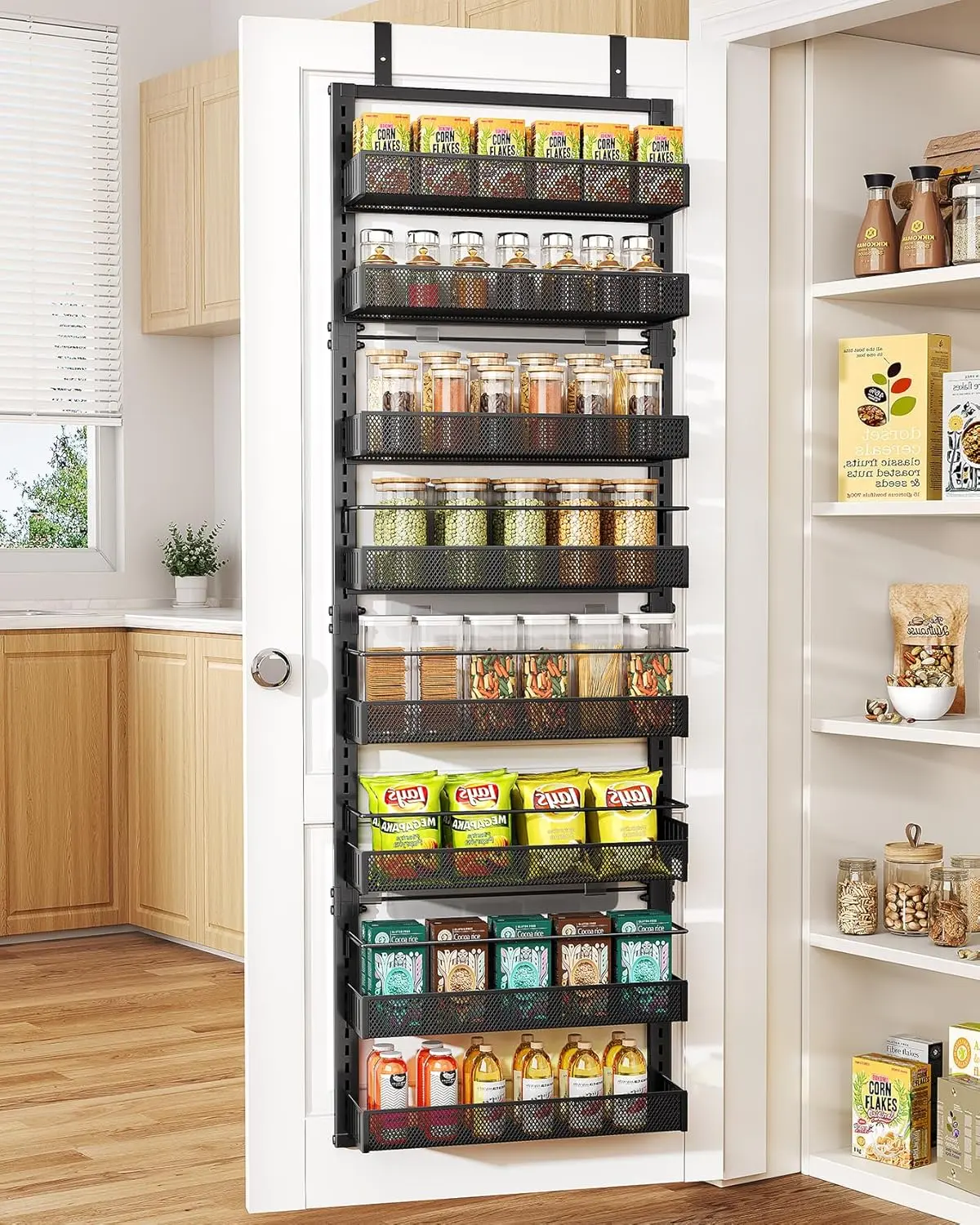 New 8 Tiers Over the Door Organizer - Height Adjustable Pantry Organizers and Storage with Dense Mesh Baskets, Anti-Swing Hanging Door Spice Rack for Kitchen Bathroom