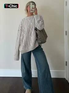 Women's Plain Crochet Cable Knit Sweater, Casual Fit Drop Shoulder Long Sleeve Jumper for Fall & Winter, Women's Knitwear for Daily Wear, Womenswear