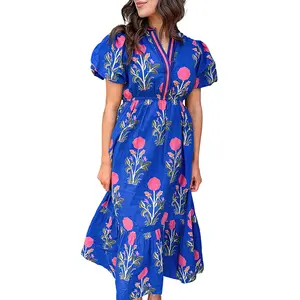 Mntaor Womens Floral Maxi Dress Puff Sleeve Notched V Neck High Waist Tiered Skirt Romantic Elegant Ready for Summer Trips Date Nights - Casual, Womenswear Shortsleeve
