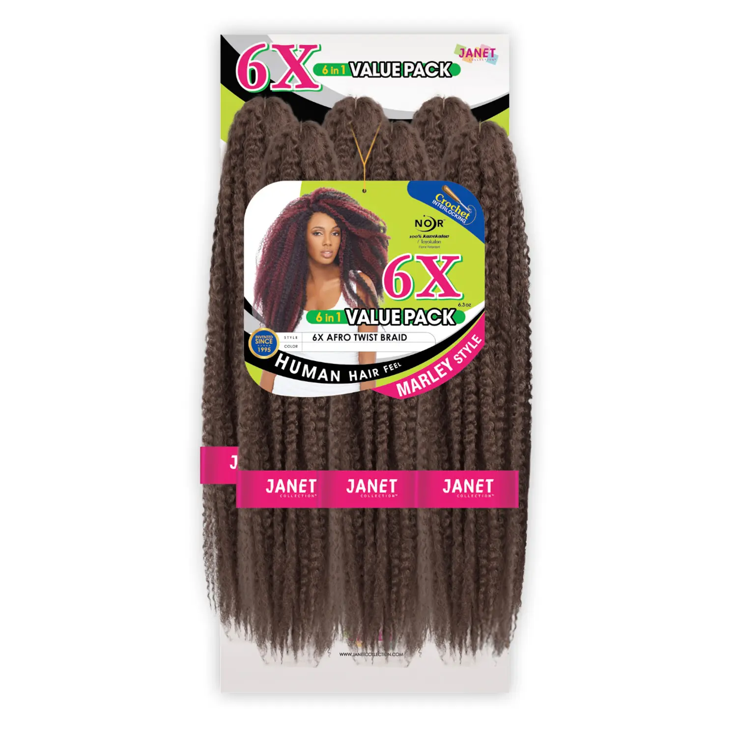 Janet Collection Noir 6X Afro Twist Braids Synthetic Hairpiece - Marley Style Kanekalon Hair Extensions, Premium Texture, 36" Unfolded, 18" Folded, Latch Hook Crochet/Knots Use, Unisex Adults, Interlocked Ends, 6X Full Volume, 1B Color