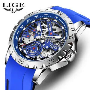 Lige Men's Mechanical Watch, 43mm stainless steel case, 30-meter water resistance, luminous at night, Skeleton Machinery design.