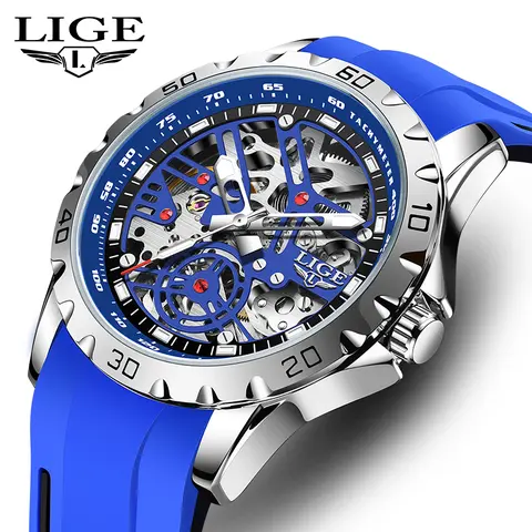 LIGE Men's Mechanical Casual Trendy Wristwatch - 43mm Round Skeleton Analog Dial, Glow-in-the-Dark Coated Hands, Hardlex Glass, Silicone Buckle Strap, 30m Water Resistant Fashion Watch for Males