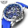 LIGE Men's Mechanical Casual Trendy Wristwatch - 43mm Round Skeleton Analog Dial, Glow-in-the-Dark Coated Hands, Hardlex Glass, Silicone Buckle Strap, 30m Water Resistant Fashion Watch for Males