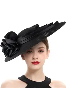 Hats for Women Ladies, Organza Flower Wide Brim Church Tea Party Wedding Fascinator Sun Hat