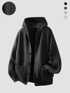 Men's Ribbed Details Dual Pockets Fitted Hooded Knit Cardigan, Deep Versatile Colors, Casual Fall & Winter Wear