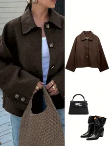 Women's Fashionable Casual French Style Single-Breasted Short Jacket, Perfectly Paired with Loose Collar Wool Overcoat