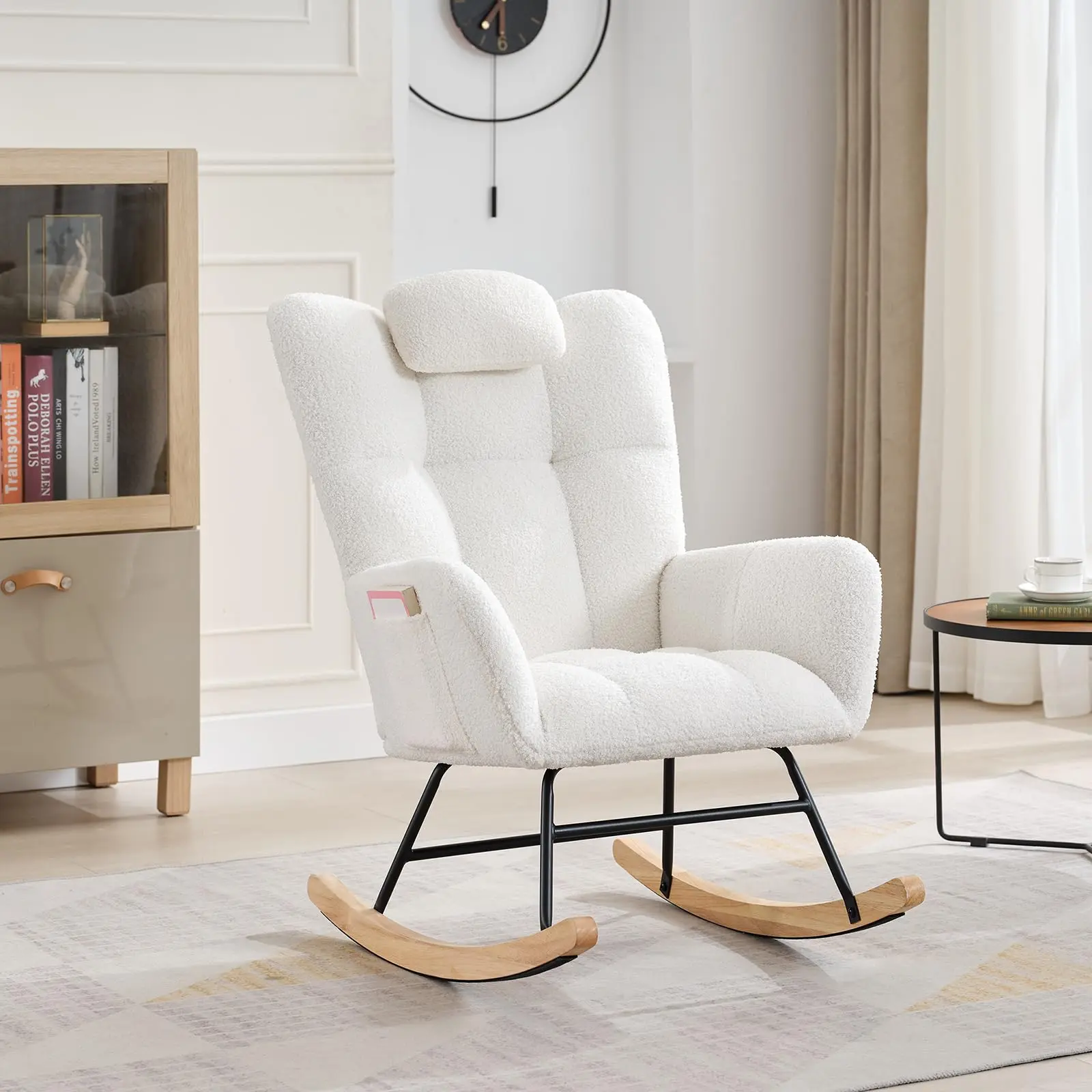 Nursery Rocking Chair - Teddy Upholstered Glider Rocker for Adults, Wood Legs, Two Side Pockets, Padded Seat, for Living Room, Bedroom