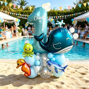 40pcs Blue Ocean Theme Birthday Party Decor Set, Includes 32in Blue Number, Whale, Octopus, Seahorse, Shark Balloons, Beach Pool Party Decoration