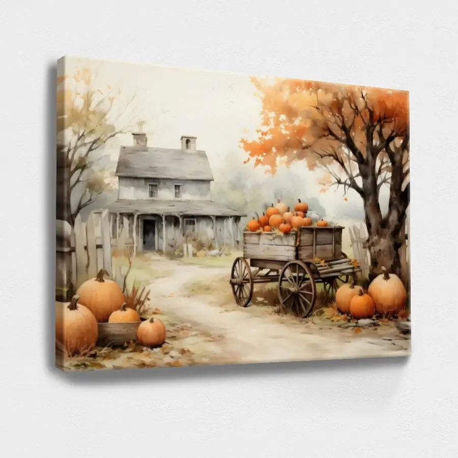Thanksgiving, Autumn, Grange, Pumpkin, Station Wagon, Autumn Scene-retro, Retro Painting, Country Charm, Harvest Warm Autumn Color Style, Wall Decor Poster for Room, Wood Framed Canvas Painting Photo Ornaments Artist Gifts 1pc