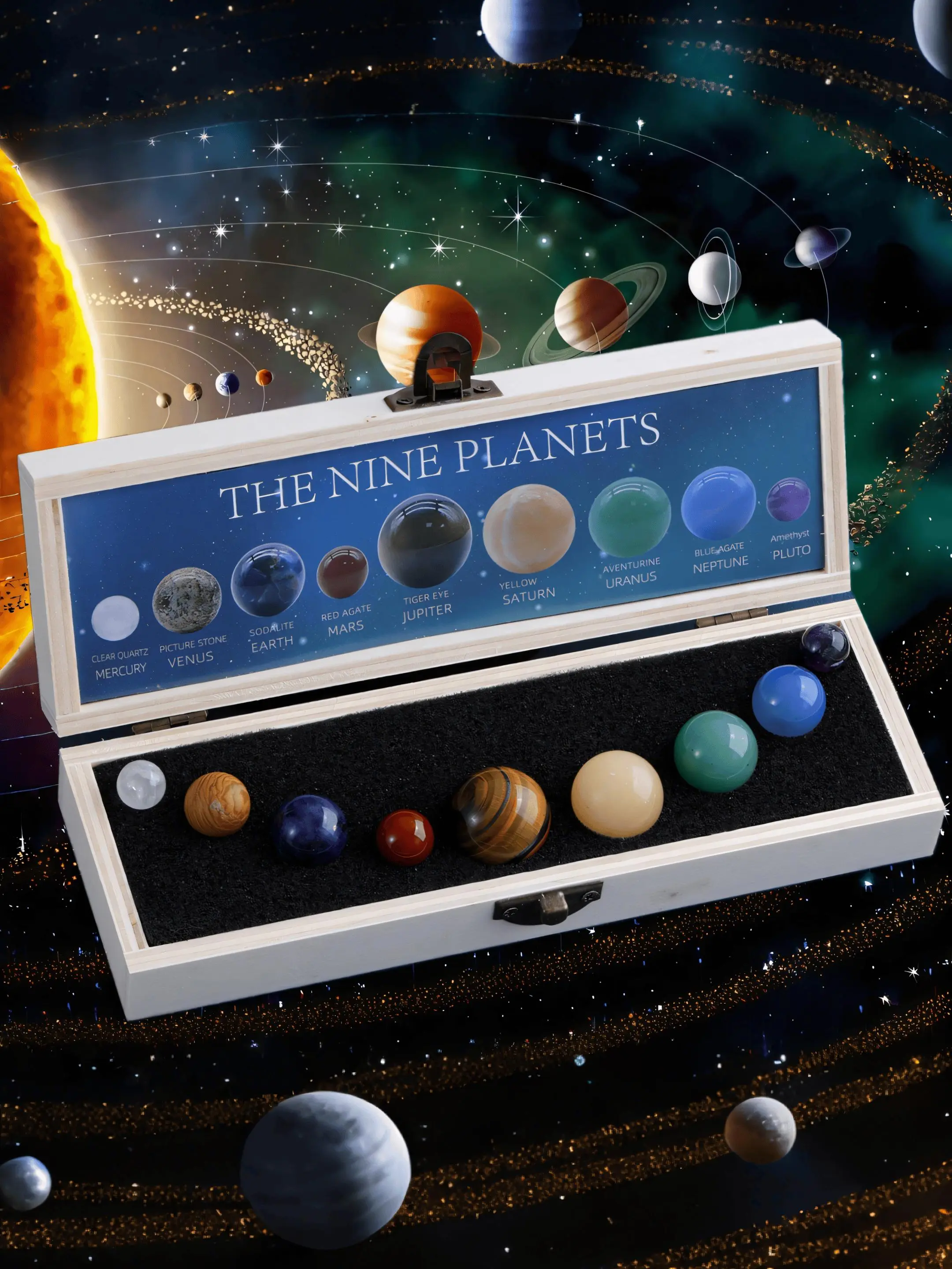 Solar System Crystal Collection, 9 Planets Natural Stone Set, Natural Crystal Sphere, Galaxy & Universe Themed Tabletop Decor, Mineral Specimen Gift Box for Science Enthusiasts, Gemstone Specimens, Crystal Decorative Ornaments, Crystal Decorative Stones