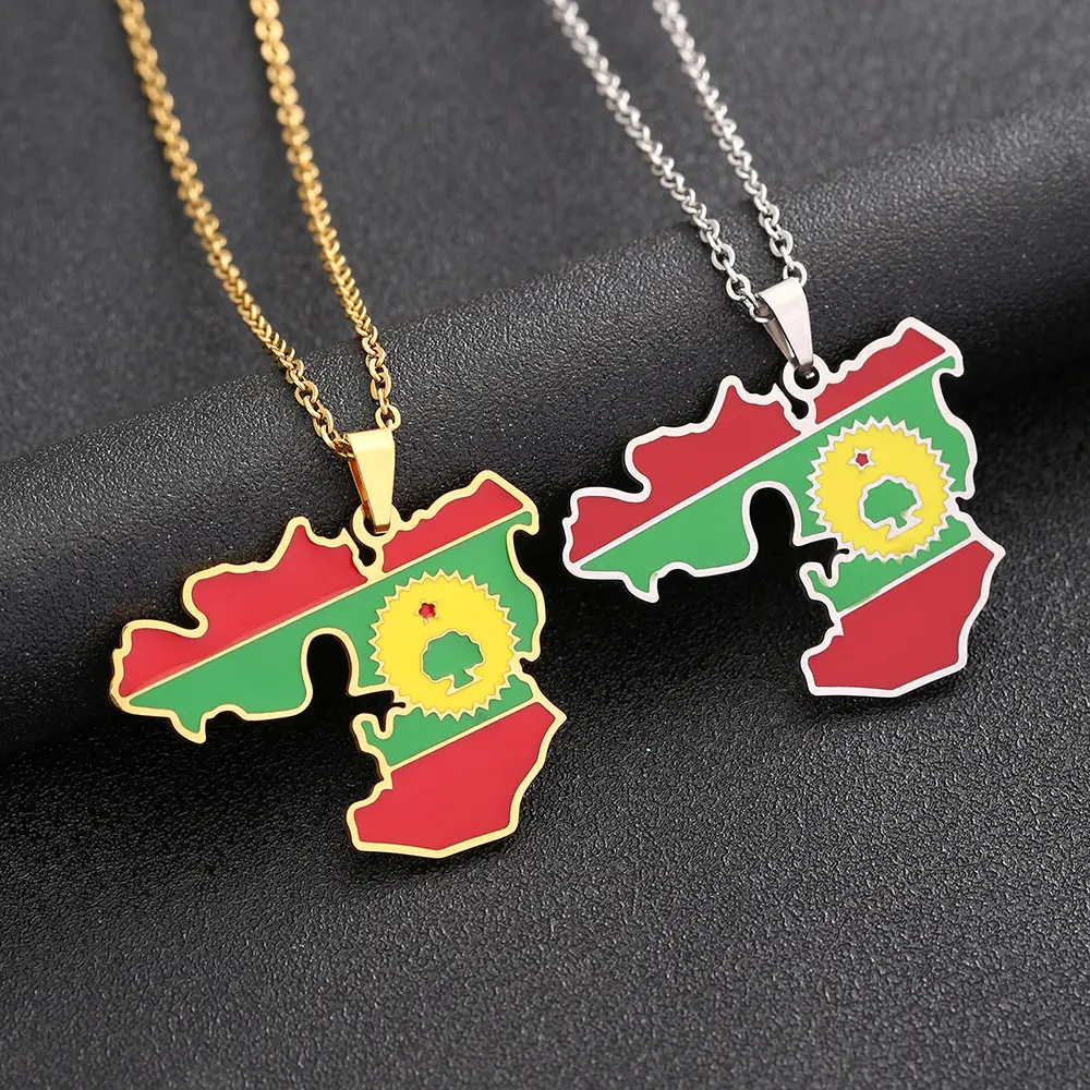 Oromia Map Pendant Chain Necklace, Ethnic-Style Gold-Plated Hypoallergenic Stainless Steel Jewelry for Men and Women