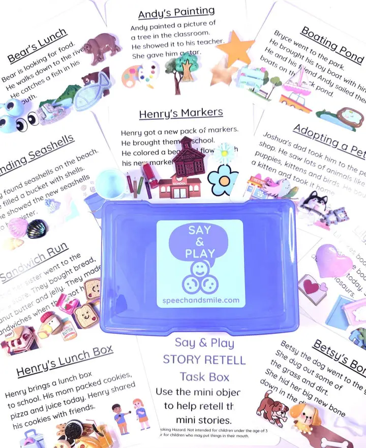 Story Recall Task Box with Mini Objects | Double-Sided Story Cards | Speech Therapy & Language Activity