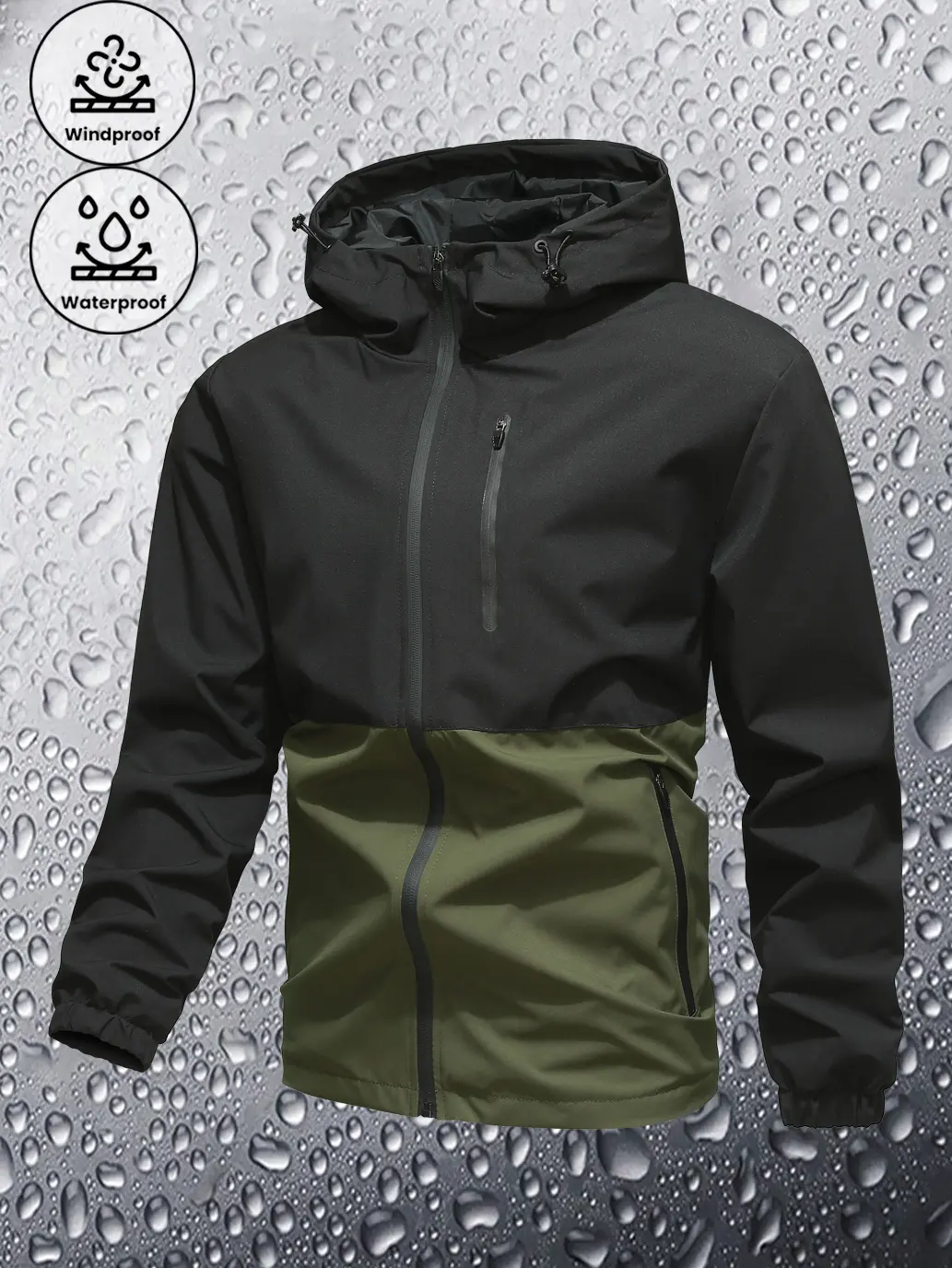 Men's Fitted Patchwork Stripe Waterproof Hooded Athletic Jacket with Zip Pockets for Outdoor Activities, Activewear, Print, Fitted Cut, Coats