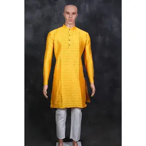 Yellow Hand-Sewn Sequin Men's Kurta Pyjama for Haldi