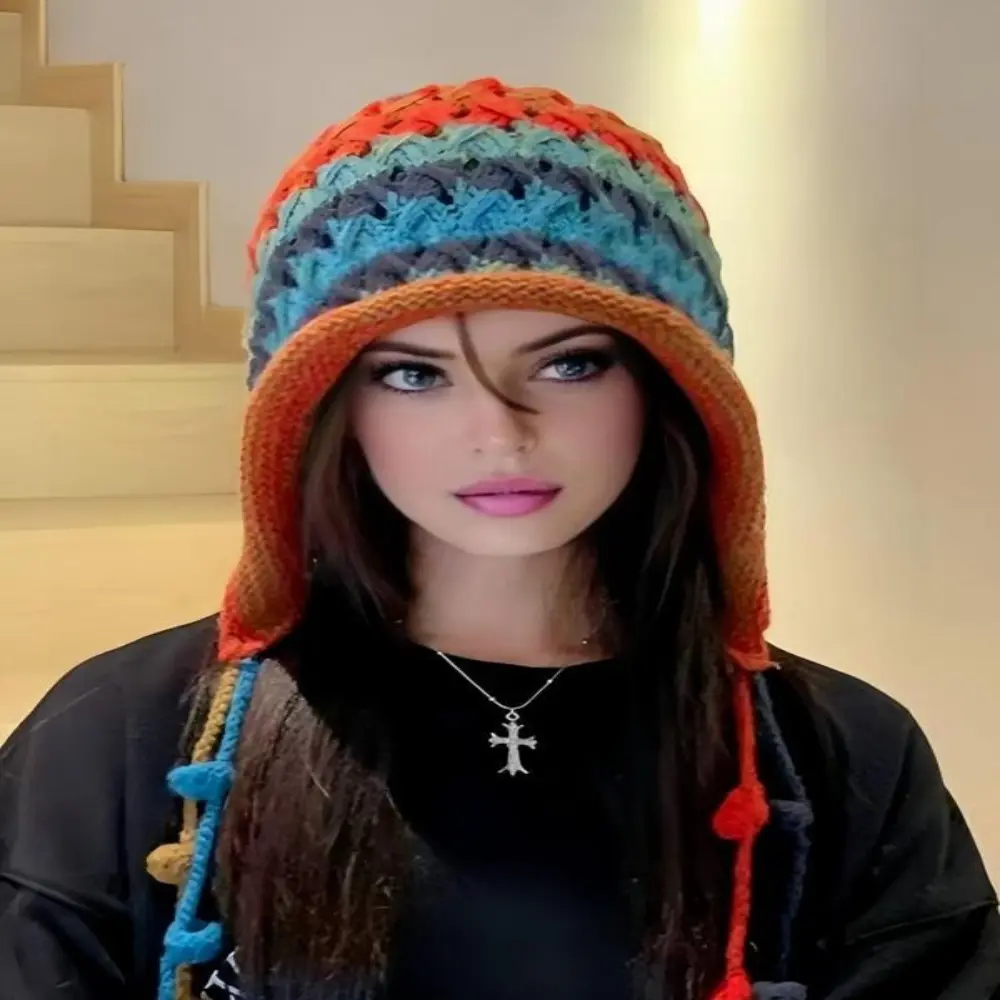 Women's Boho Witchy Colorblock Tassel Ball Crochet Woven Beanie Hat, Fall-Winter Hat Accessory with Warm Ear Coverage & Loose-Fitting Comfort for Women, Boho Witchy Hats