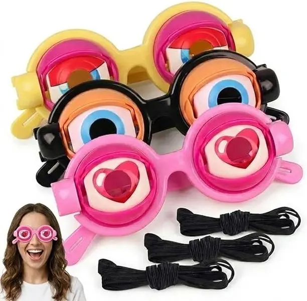Halloween Fall Gift  3Pcs Funny Glasses for Adults Crazy Eye Glasses(with 3 Glasses Cords), Eyes Glasses Adult Size Silly Sunglass With Blinking Eyeball for Party and Performances(Pink,Black,Yellow)