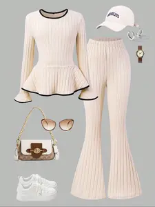 Teen Girls Contrast Trim Bell Sleeve Tee & Flared Pants Set, Casual Fall Winter, Two-Piece Chic Fashionable Clothing