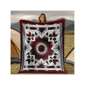 Stunning Native American Geometric Pattern Red Black White Cozy Fleece Blanket for Outdoor Camping & Home Decor