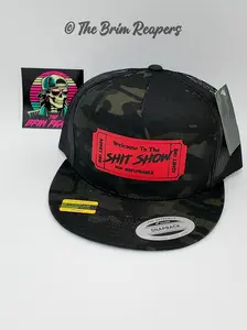 The Brim Reapers Ticket To The Sh!T Show Patch Hat - Bold Red Leather Patch Camo Trucker Cap for Men Adjustable Fit Breathable Fabric Fashion Accessories