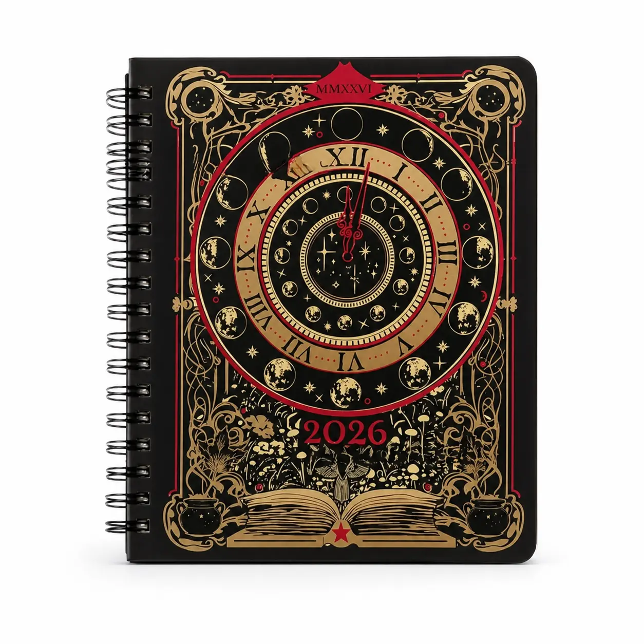 Gothic Style 2026 Celestial Weekly Planner - Spiral-Bound Hard Back Cover Organizer for Travel, 164 Pages Paper, Monthly Tabs, 4 Themed Stickers, Back Pocket, Elastic Strap, Bookmark, 8.66x6.89in Office Stationery with Printed Layouts