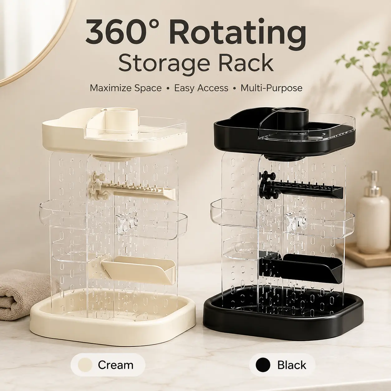 360° Rotating Countertop Organizer, Multi-Layer Makeup & Skincare Storage Rack with Clear Pegboard, Side Shelves and Top Tray, Space-Saving Bathroom Vanity Organizer, Cream/Black