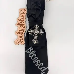 Satin Junk Tie Necklace for Women – Silver Cross Brooch Statement Neck Tie -Streetwear Accessory – Necklace