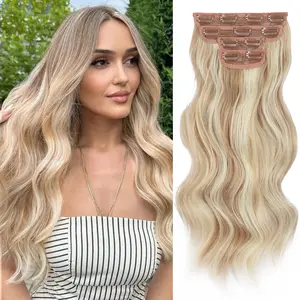 [Vigorous] Blonde mix Platinum Blonde Clip in Hair Extensions Long Wavy Synthetic Hairpieces for Women and Girls, Easy to Install for Daily Use and Event Party Use
