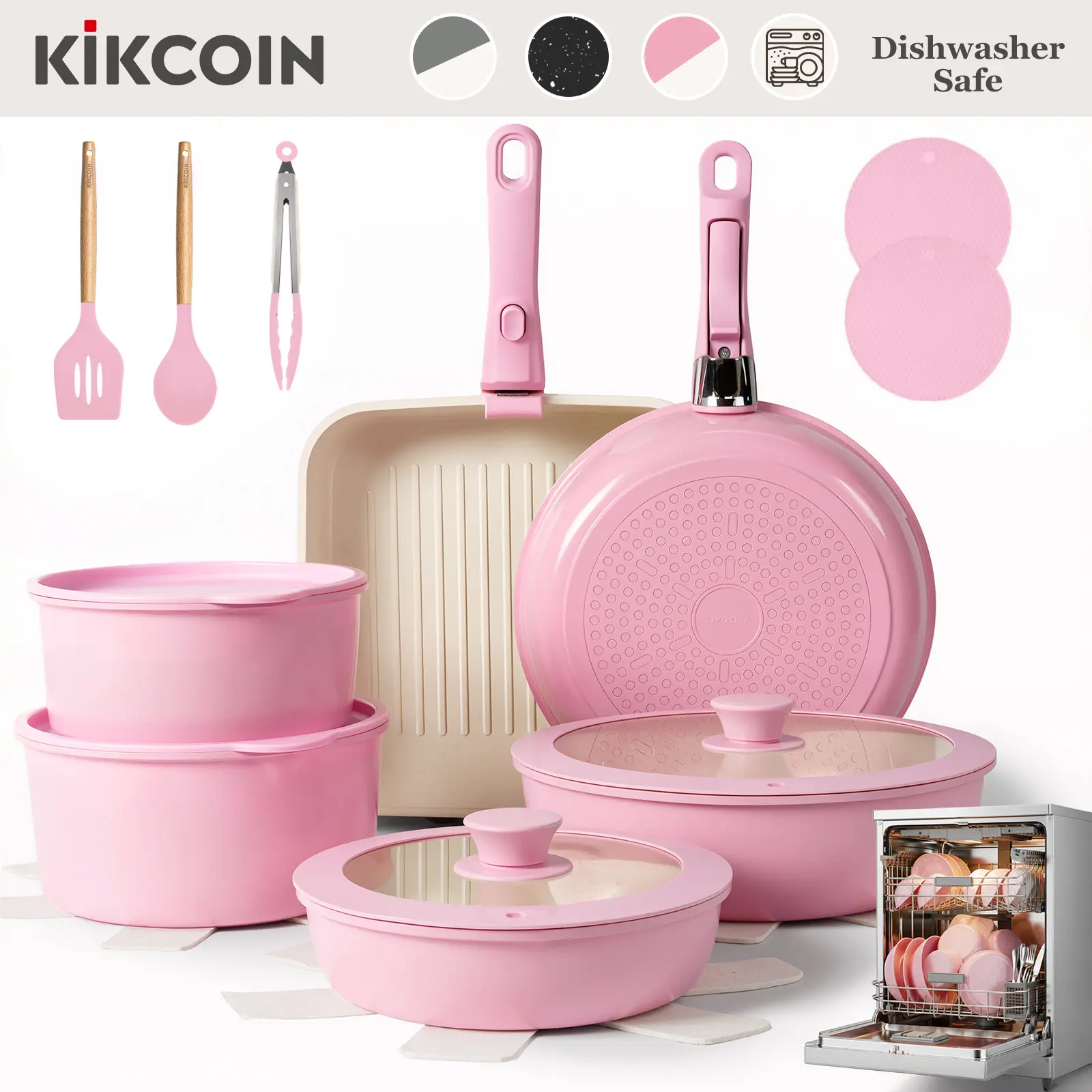Kikcoin [SGS Certified] Ceramic Pro Non-Stick 22-Piece Healthy Cooking Set-Non-Toxic PFOA-Free,dishwoshersafe,Stackable,Less Oil, RV Ready Cookware,with Lids,Detachable Handle, Dutch Oven, Milk Pan, Easy Care,Food-Grade,Mother’s Day Gift