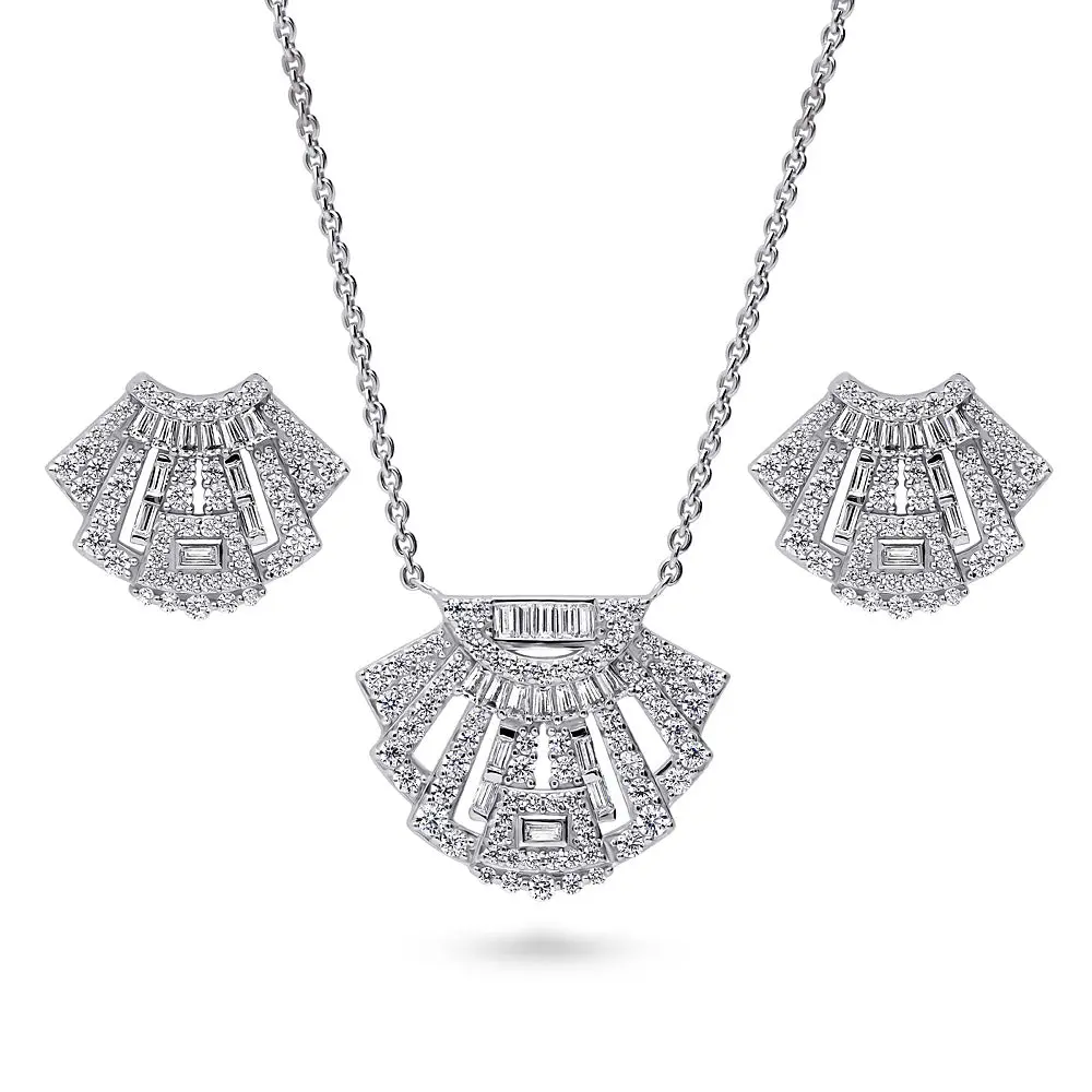 BERRICLE Sterling Silver Art Deco Necklace and Earrings Set for Women, Cubic Zirconia CZ