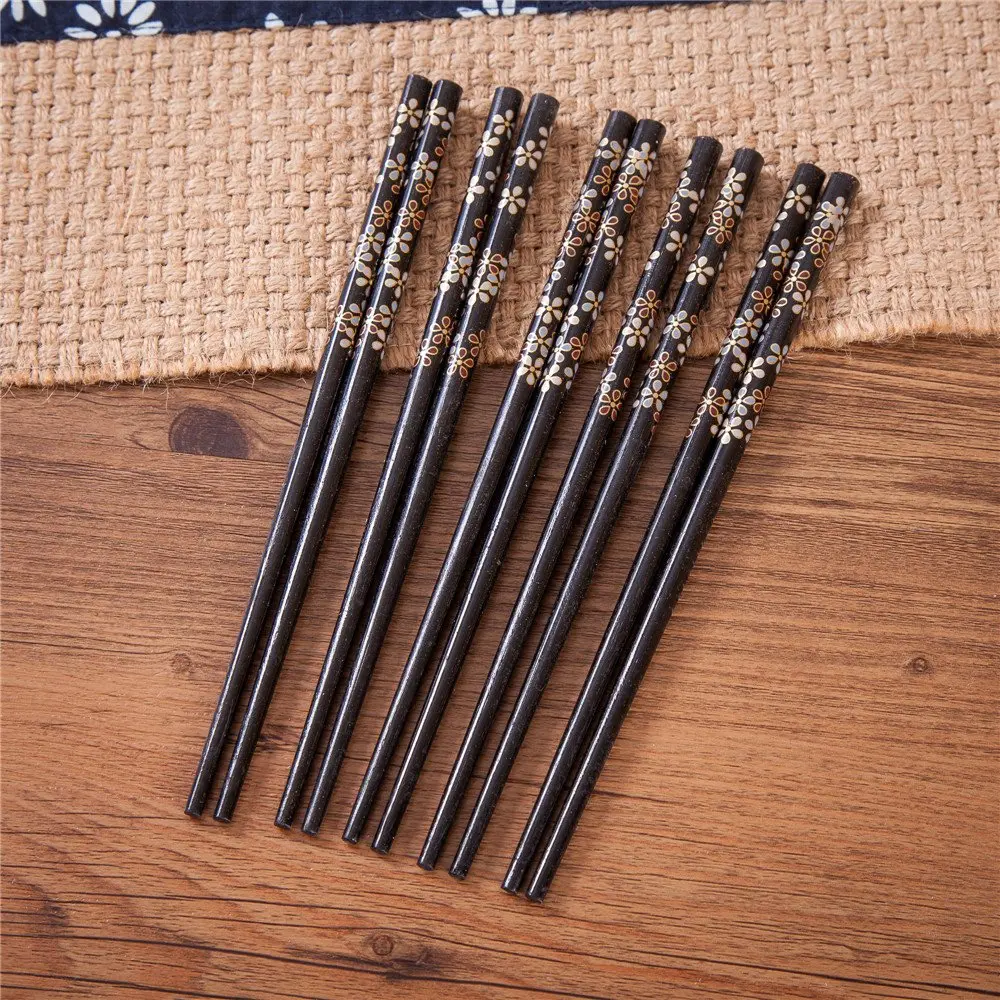 Thy Home 5-Pair Eco-Friendly Sturdy Bamboo Wooden Chopsticks Set for Child, Floral Print Reusable Short Kids' Kitchenware Cutlery
