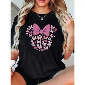 Pink Butterfly Mouse Head Print Crew Neck TShirt Short Sleeve Knit Fabric AllSeason Comfort Fit Top