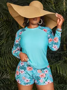 Plus Size Two-Piece Set Tropical Print Raglan Sleeve Tee & Elastic Waist Shorts Tankini with Shorts Set, Boho Long Sleeve Round Neck Top & Shorts Swimsuit Set, Women's Swimwear for Summer Beach Holiday Vacation, Rash Guard Swimsuits, Clothing