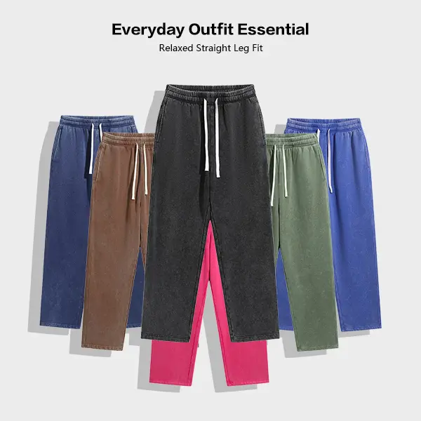 Men’s washed distressed straight-leg sweatpants with pockets; unisex casual pants featuring a drawstring elastic waistband; soft and comfortable for everyday wear; versatile cotton fabric; campus back-to-school style; autumn menswear.