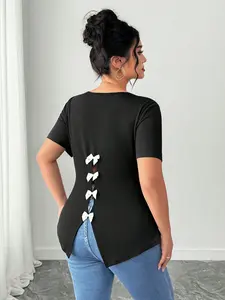 Plus Size Women's Back Bow Short Sleeve T-Shirt, Asymmetrical Hem Slimming Fit Top, Casual Summer Fashion, Comfortable and Stylish