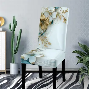 Elegant floral print polyester chair covers, Dining Chair Slipcover, featuring a white base with golden and turquoise floral patterns, embodying a modern and minimalist style, ideal for dining tables or office chairs