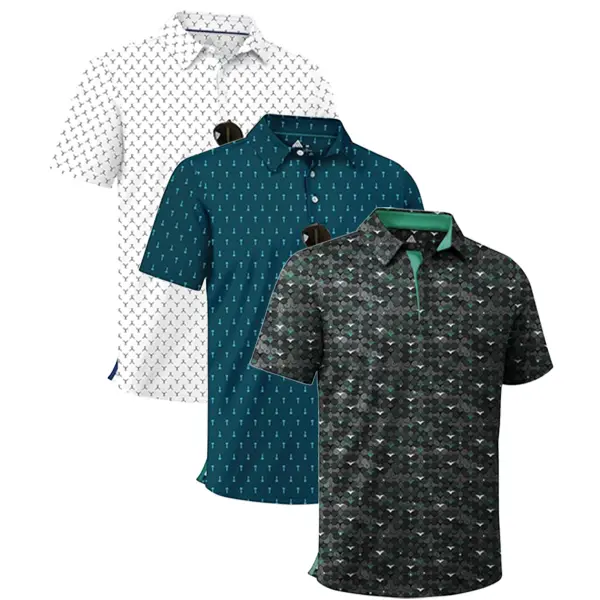 ZITY Men’s 3-Pack Polo Shirts - 4-Way Stretch, Moisture Wicking, Cool Touch, UPF 30+, Unique Print Patterns, UPF 30+ Protection, Gifts for Him, Outdoor Menswear Top