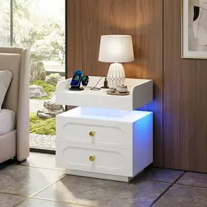 Modern Floating Nightstand with LED Lights & Charging Station, 1/2 Pcs Bedside Table with 2 Drawers, Gold Handle & Rounded Corners, White Black Multi-Use Side Table for Bedroom Living Room