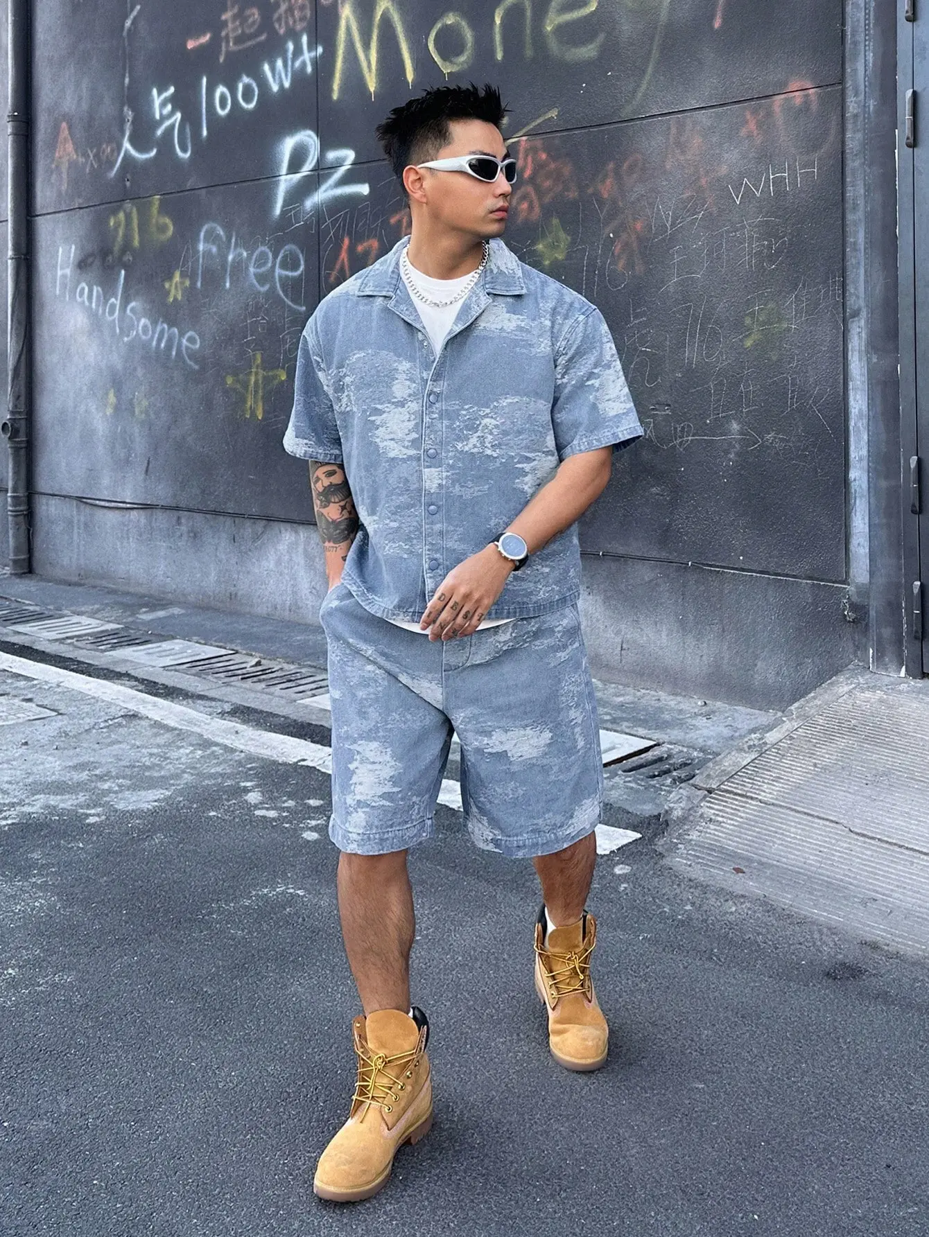 Men 2 piece sets - Men's Textured Denim Shirt & Shorts Set Short Sleeve Summer Casual Outfit outfit shorts for summer t shirts cotton shorts cargo shorts clothing for men summer clothes shirts for men summer men clothes men shorts y2k shirts y2k clothing
