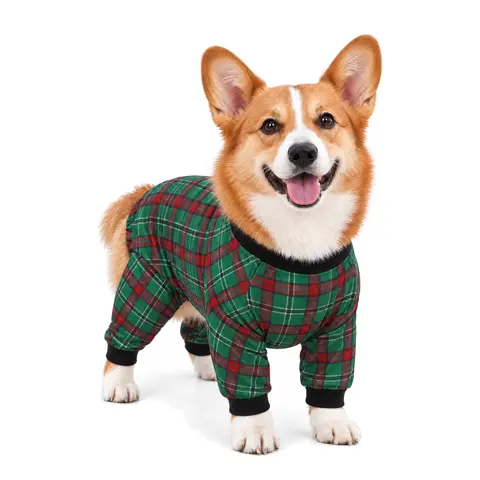 HDE Dog 1-Piece Pajama Jumpsuit - Buffalo Plaid Graphic Outfits, Soft Cotton-Poly Blend, Warm, Breathable, Stretchy, Shedding-Proof, Hair Control Clothing for Medium to 3XL Large Breeds (Including Huskies) All Seasons