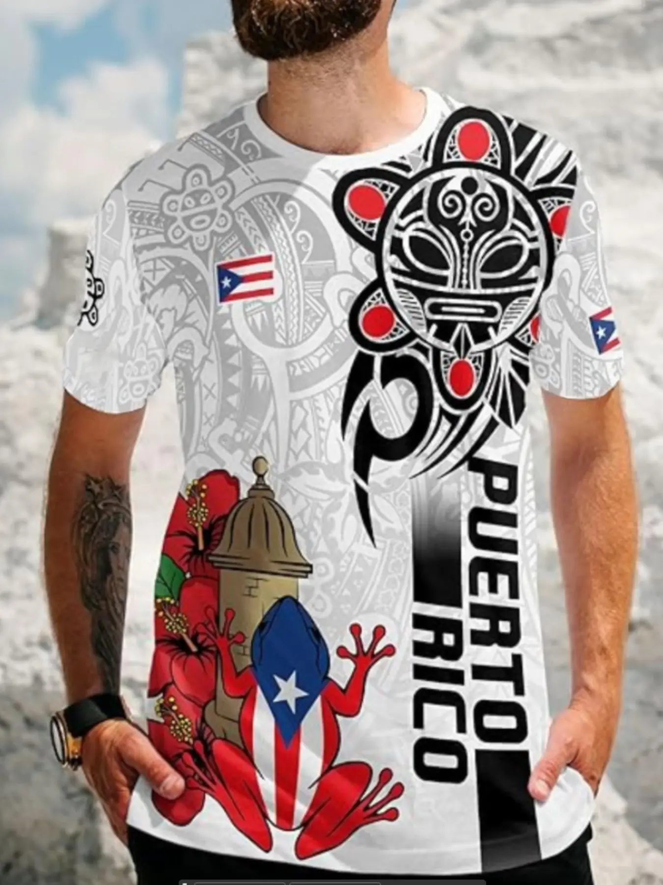 Men's Puerto Rican Pattern T-Shirt, Shirt with Tribal Print, Casual Cultural Clothing, Street Fashion, Streetwear, Menswear, Top, Casual Graphic Top