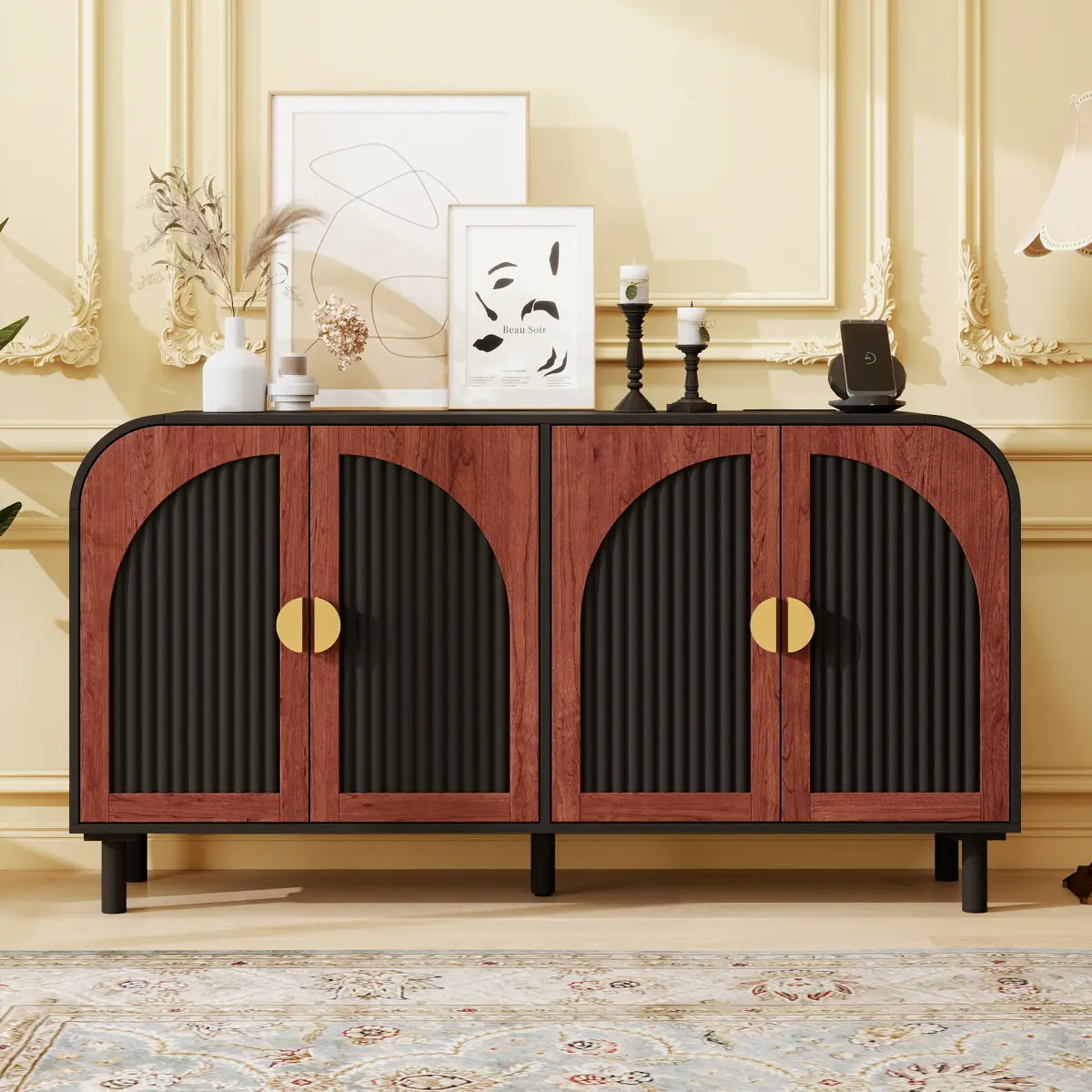 [Bellemave] Vintage Arched Storage Cabinet with Adjustable Shelves & Solid Wood Center Leg, 4-Door Sideboard with Charge Station, Suitable for Dining Room, Entryway, Living Room