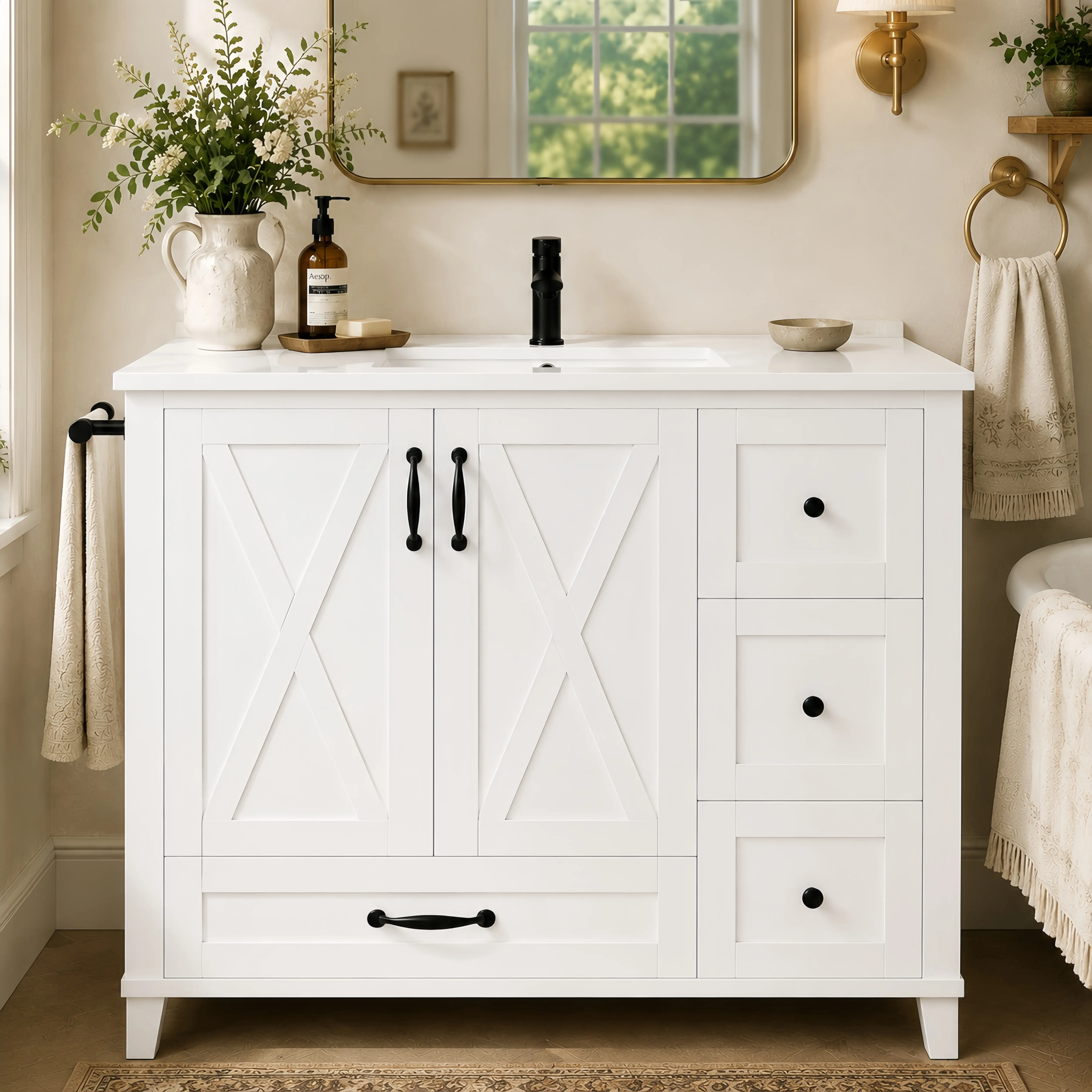 White Freestanding 36-Inch Bathroom Vanity with Ceramic Sink, X-Shaped Doors, 4 Drawers, Adjustable Shelf, and Reversible Towel Bar