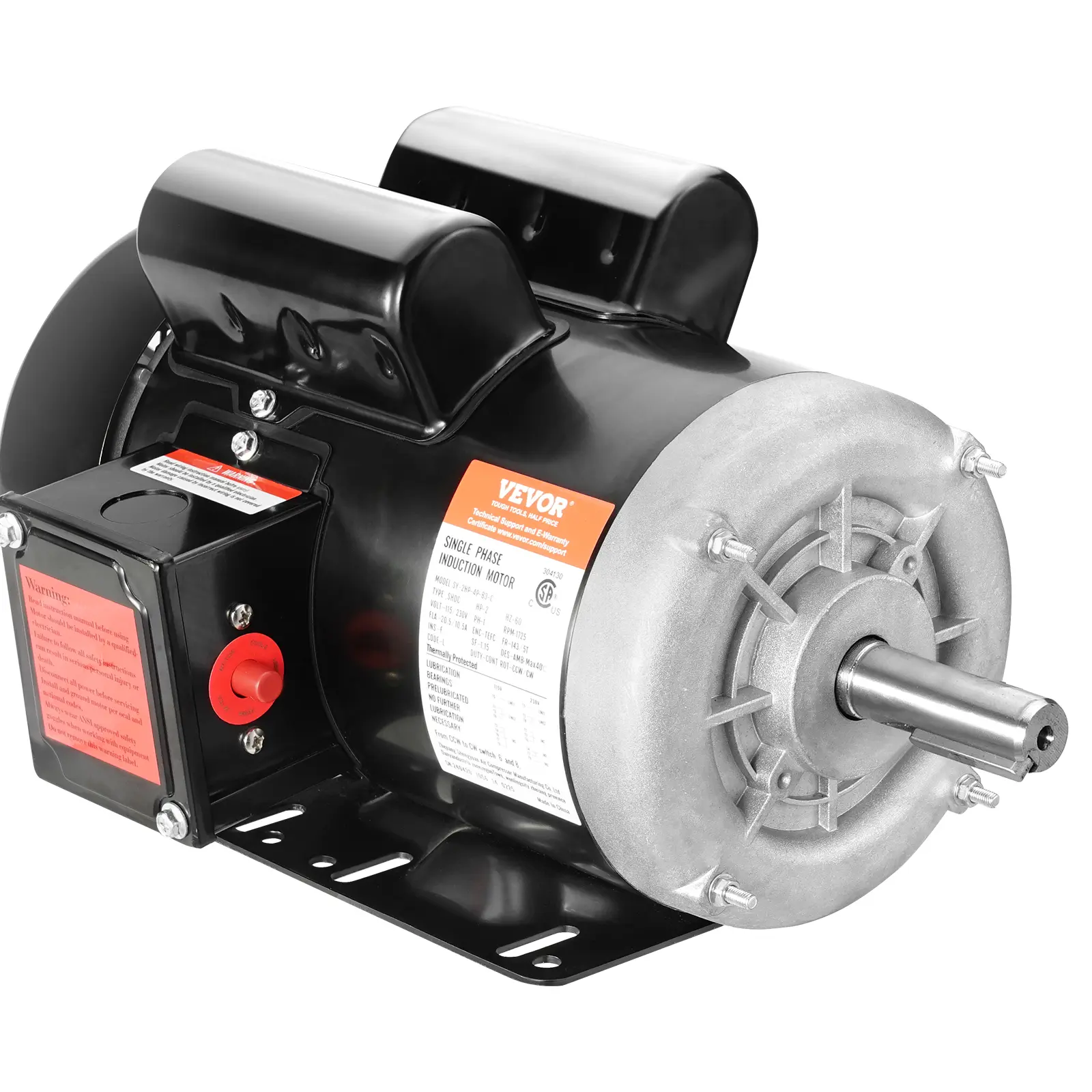 【Summerfinds】VEVOR Heavy Duty 2HP Single Phase Copper AC Electric Motor, 1725 rpm, 115V/230V 60Hz (20.5A/10.5A), 143/5T Frame, 7/8" Keyed Shaft, CW/CCW Rotation Steel Frame, CSA Tested Overload Safe, Versatile Use for DIY Projects & Water Pumps
