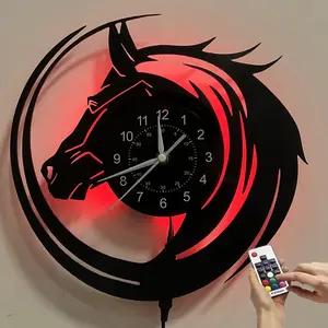 Handmade Horse Vinyl Wall Clock, 7-Color Night Light LED, 12-Inch Home Art Decoration, Bedroom Living Room Farmhouse Campus Decor, Halloween Christmas Party Favors Gift