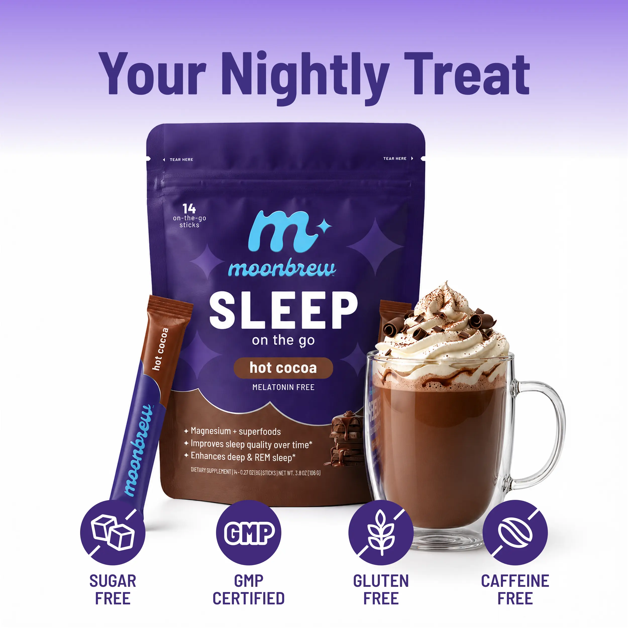 MoonBrew Hot Cocoa Sleep & Calm Stick Packs - Melatonin-Free Magnesium Mix with Superfoods | Sugar-Free, Vegan, Gluten-Free | 14 Single-Serve Packets