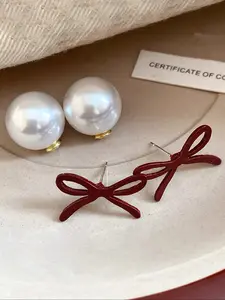 Elegant French Style Vintage Bow Pearl Earrings, Fashionable Women's Party Daily Wear, Retro Butterfly Knot Design, Pair, Faux Pearl Jewelry