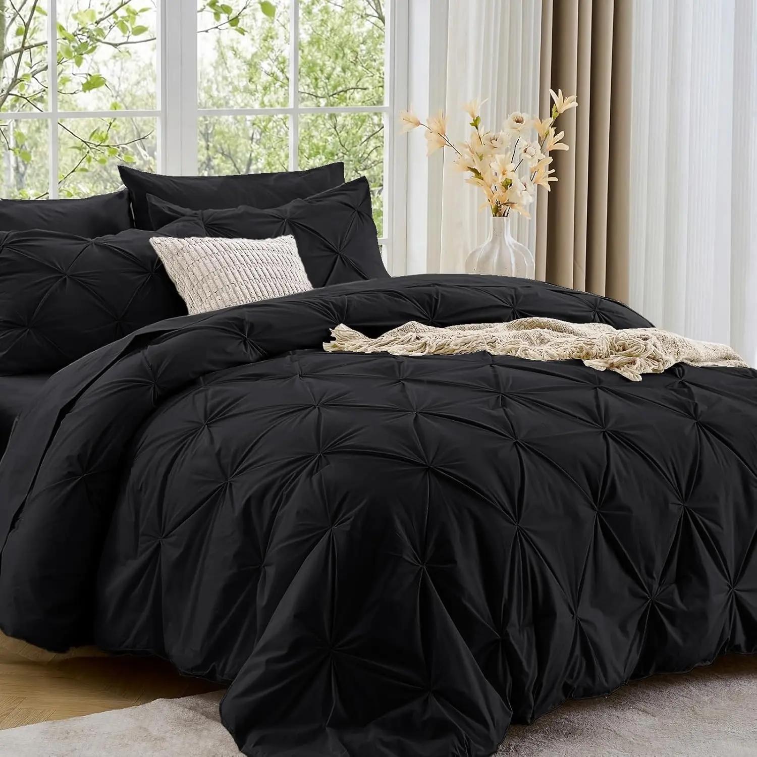 Sasttie Queen 7-Piece Bed Set, All-Season Pintuck Bedding in a Bag, Includes Comforter, Flat Sheet, Fitted Sheet, Pillowcases & Pillowshams, Black, Seven Pieces