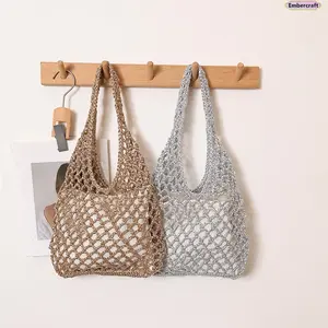 Women's Stylish Boho Metallic Woven Straw Beach Tote - Gold-Silver Hollow, Lightweight Large-Capacity Shoulder Handbag for Summer Vacation, Seaside Travel, Stylish Bag