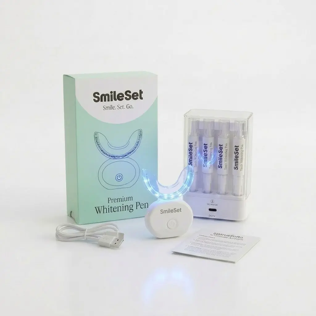 SmileSet Rechargeable LED Teeth Whitening Kit | 4 Whitening Gel Pens | Cordless Whitening System with UV Sanitizing Base