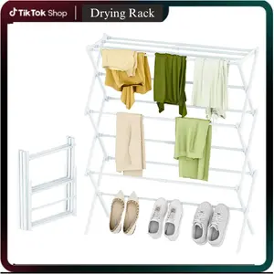 Foldable Drying Rack Clothing 3-Tier Portable Clothes Drying Racks for Indoor & Outdoor Anti-Rust Compact Laundry Rack Collapsible White 28" D x 10" W x 35" H